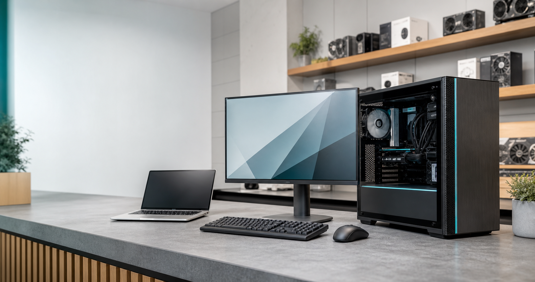 Modern desktop workstation setup in a computer showroom
